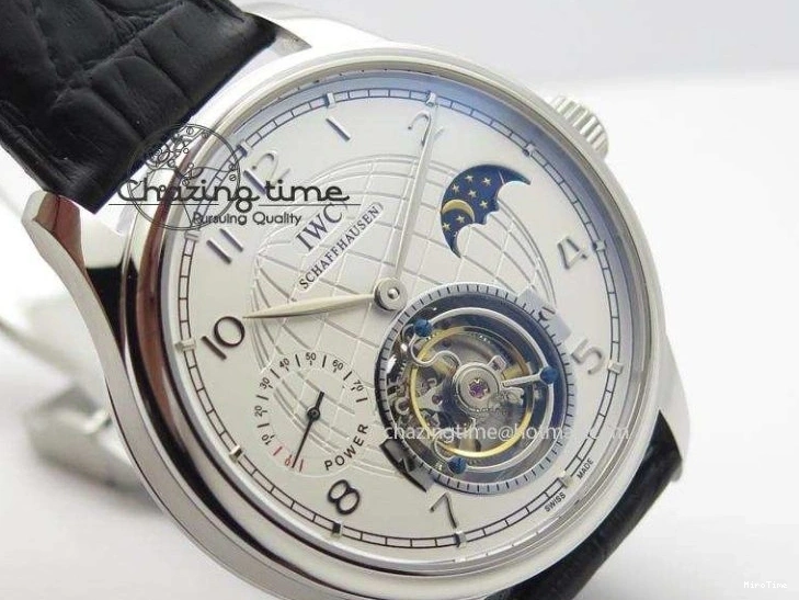 MIROTIME 0225 UrbanStyle Portuguese Tourbillon Power Reserve Moonphase SS White Dial On Black Leather Strap 7318